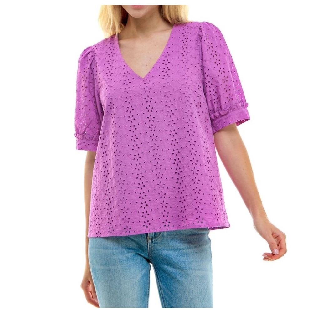 Draper James Purple Eyelet Puff Sleeve V-Neck Cotton‎ Blouse L CottageCore